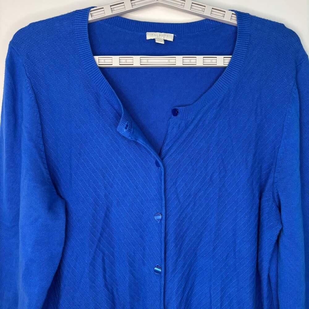 Talbots textured button up cardigan womens L blue knit stretch 3/4 sleeve